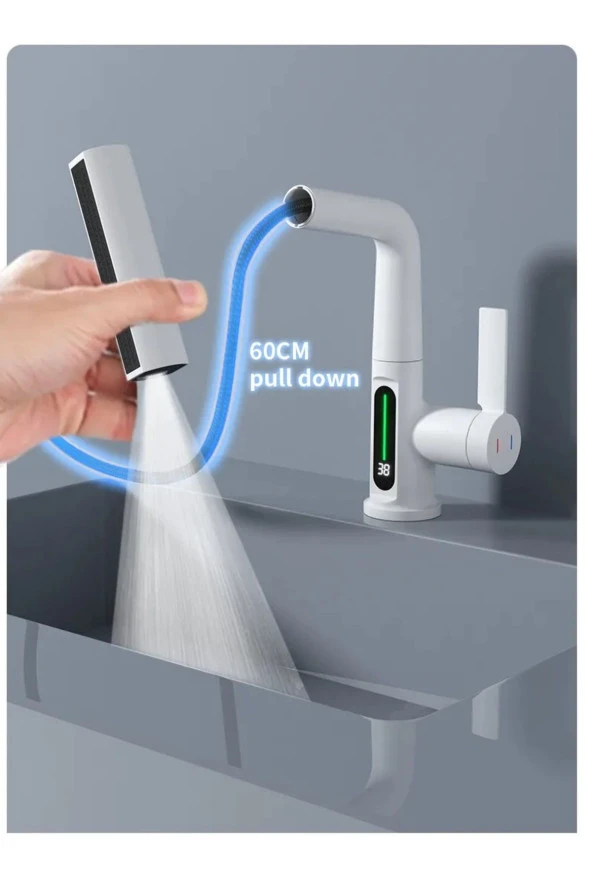 Mutfak Eviye Banyo Lavabo Bataryası Dijital Led Şelale Spiralli Ithal Asansörlü 4 Fonksiyonlu - Resim 4