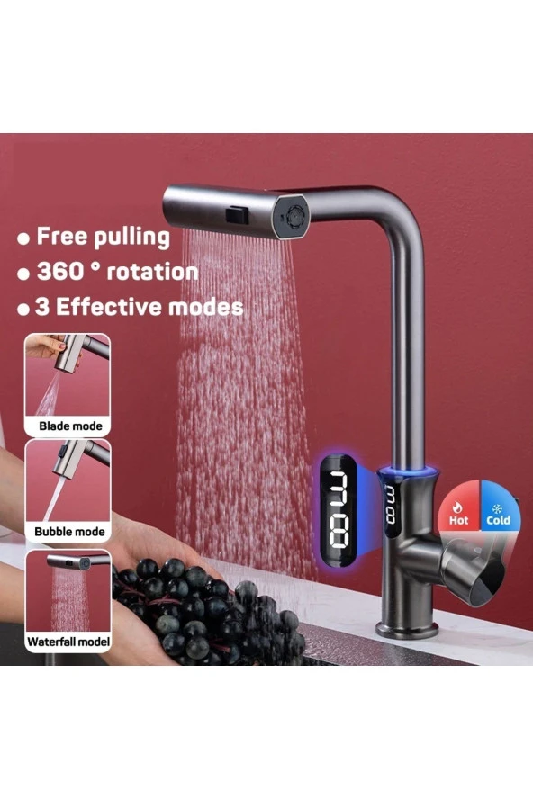 Mutfak Eviye Bataryası Dijital Sıcaklık Ledr Ekran Şelale Fiskiyeli Spiralli Ithal Antrasit ürün görseli