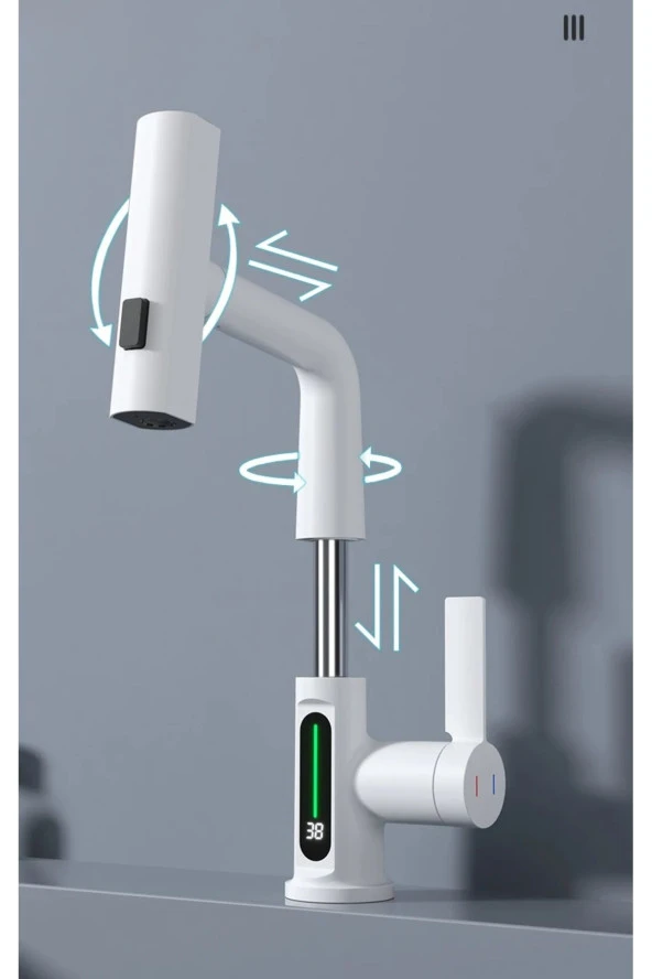 Mutfak Eviye Banyo Lavabo Bataryası Dijital Led Şelale Spiralli Ithal Asansörlü 4 Fonksiyonlu - Resim 5