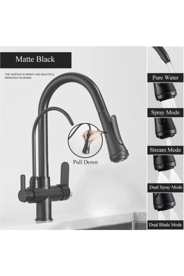 MUTFAK EVYE BATARYASI DUAL FLOW SU ARITMA ÇIKIŞLI YENİ TASARIM MAT SİYAH+4 FARKLI MOD AYARLI İTHAL - Resim 3