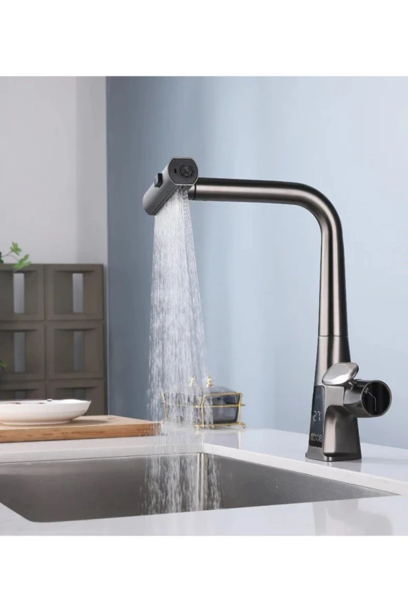 MUTFAK EVİYE BATARYASI DİJİTAL SICAKLIK EKRAN ŞELALE FİSKİYELİ SPİRALLİ İTHAL ANTRASİT - Resim 6