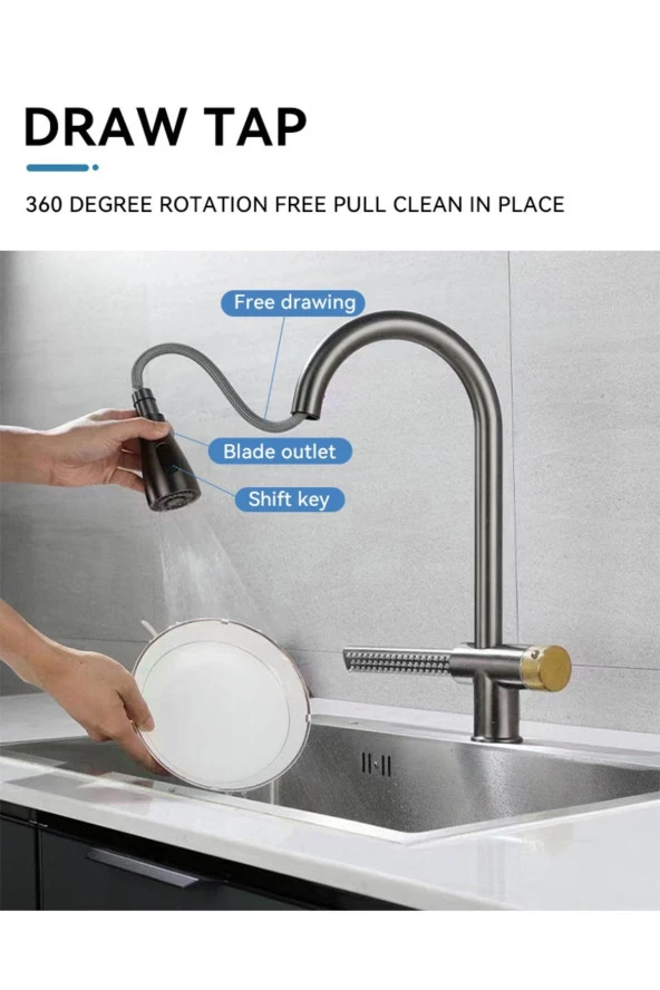 Mutfak Evye Bataryası Şelaleli Yeni Tasarım Fiskiyeli Fonksiyonlu Antrasit Gri 5 Yıl Garantili - Resim 4