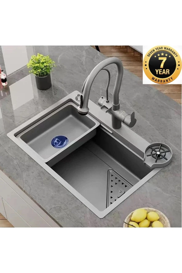 Mutfak Akıllı Eviye Seti Gri Renk Su Arıtma Çıkışlı Şelaleli Ithal 7 Yıl Garanti 75x46cm Full Set