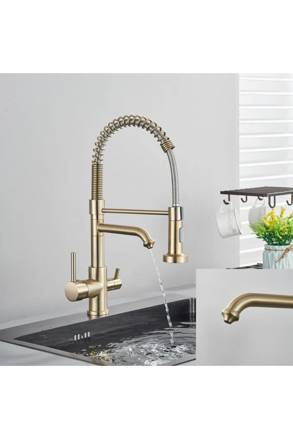 Mutfak Evye Bataryası Dual Flow Su Arıtma Çıkışlı Spiralli Ve Fiskiyeli 7 Yıl Garanti Ithal Mat Gold - Resim 2