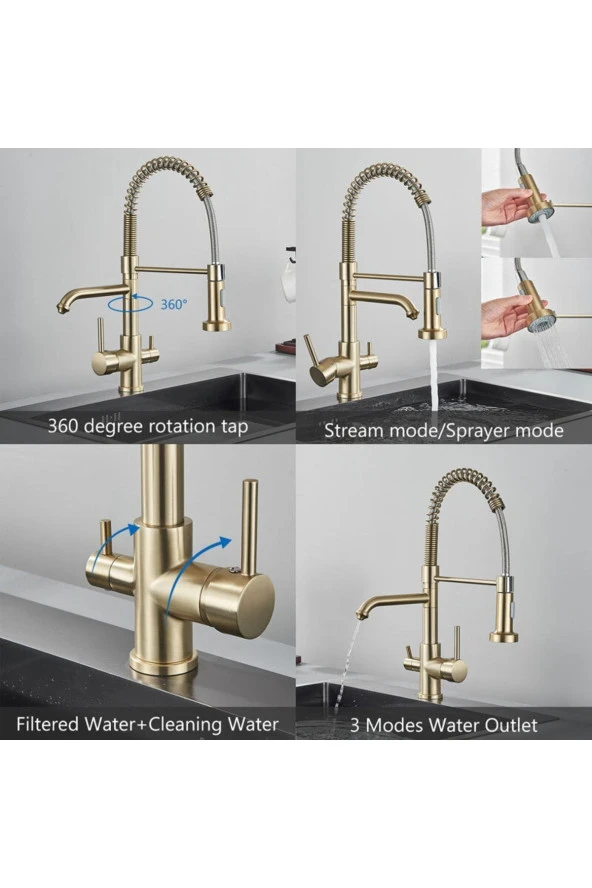 Mutfak Evye Bataryası Dual Flow Su Arıtma Çıkışlı Spiralli Ve Fiskiyeli 7 Yıl Garanti Ithal Mat Gold - Resim 3