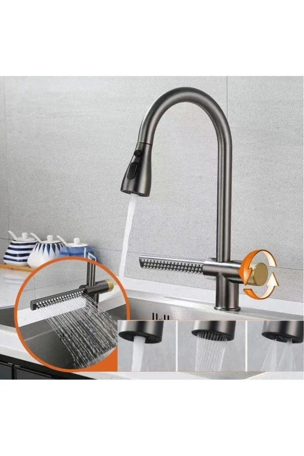 Mutfak Evye Bataryası Şelaleli Yeni Tasarım Fiskiyeli Fonksiyonlu Antrasit Gri 5 Yıl Garantili - Resim 5