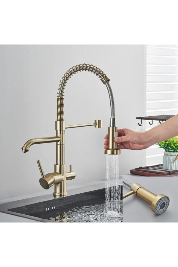 Mutfak Evye Bataryası Dual Flow Su Arıtma Çıkışlı Spiralli Ve Fiskiyeli 7 Yıl Garanti Ithal Mat Gold - Resim 5