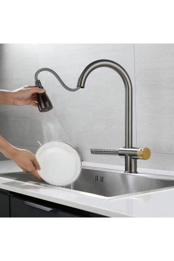 Mutfak Evye Bataryası Şelaleli Yeni Tasarım Fiskiyeli Fonksiyonlu Antrasit Gri 5 Yıl Garantili - Resim 2