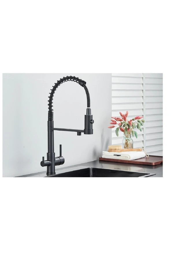 Mutfak Evye Bataryası Dual Flow Su Arıtma Çıkışlı Spiralli Fiskiyeli 7 Yıl Garantili Ithal Siyah - Resim 5