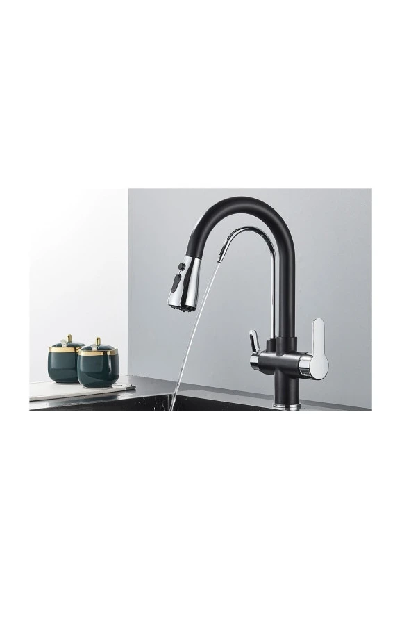 Mutfak Evye Bataryası Dual Flow Kısa Model Su Arıtma Çıkışlı Spiralli 7 Yıl Garanti Ithal Siyah/krom - Resim 3