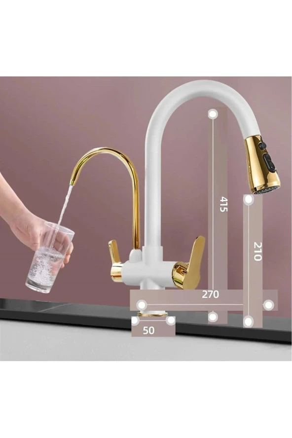 Mutfak Evye Bataryası Dual Flow Su Arıtma Çıkışlı Spiralli Mat Beyaz-gold Renk 7 Yıl Garantili Ithal - 2