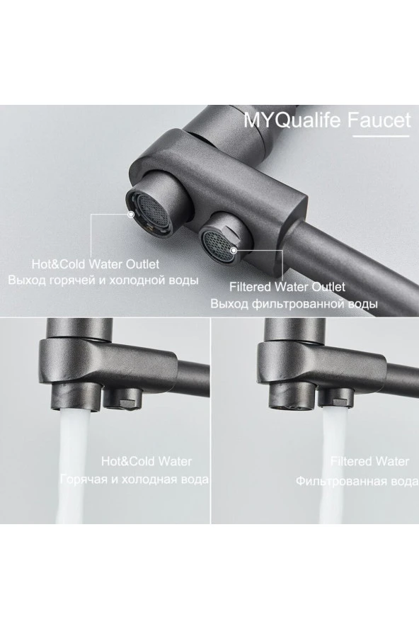 Mutfak Evye Bataryası Dual Flow Su Arıtma Çıkışlı Spiralli Yeni Ürün Antrasit Gri 7 Yıl Garantili - Resim 4