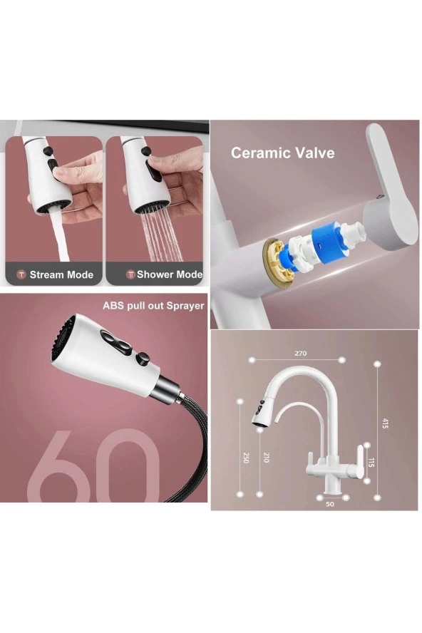 Mutfak Evye Bataryası Dual Flow Su Arıtma Çıkışlı Yeni Tasarım Mat Beyaz Renk 7 Yıl Garantili - Resim 6
