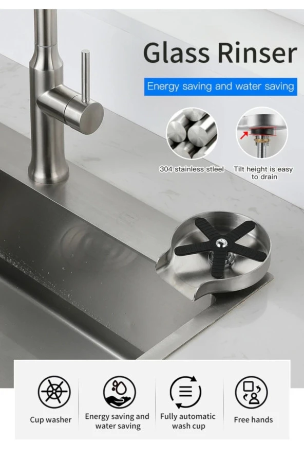 Mutfak Evye Basınçlı Bardak Yıkama Bataryası Otomatik Fiskiye Mat Krom Nikel 5 Yıl Garantili - 3