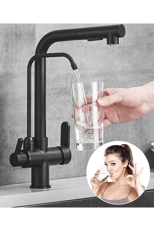 Mutfak Evye Bataryası Dual Flow Su Arıtma Çıkışlı Yeni Tasarım Siyah Fiskiyeli 7 Yıl Garanti Ithal - Resim 2