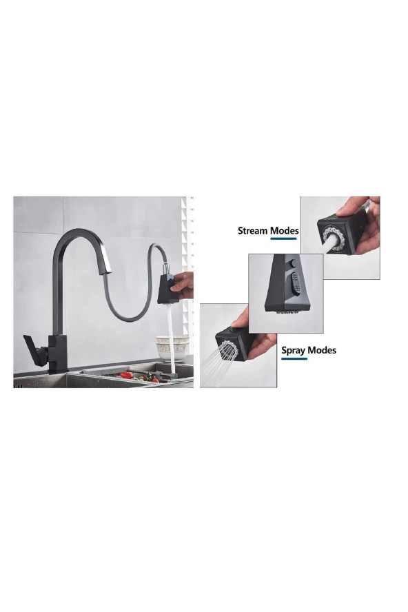 Mutfak Evye Bataryası Fiskiyeli Çift Akış Ayarlı Yeni Tasarım Mat Siyah 5 Yıl Garantili - Resim 4