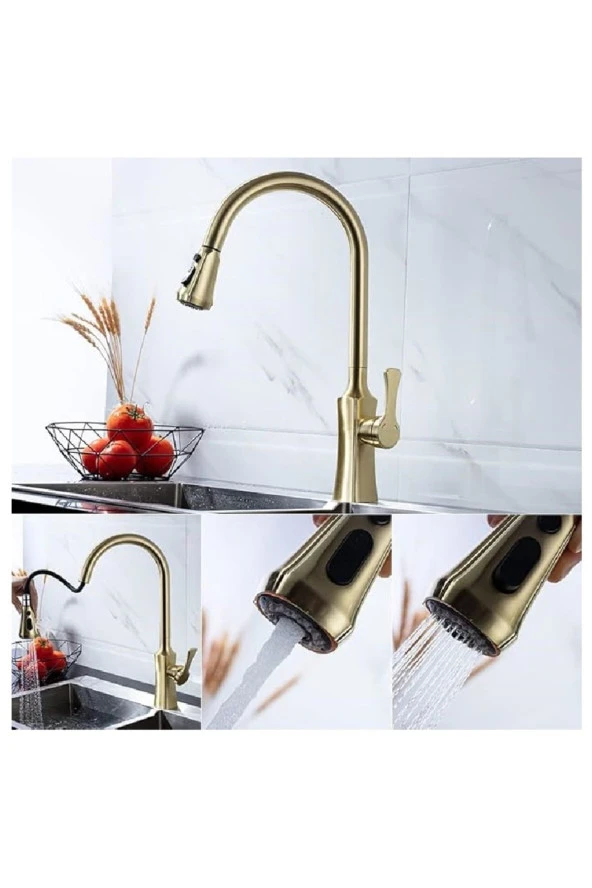 Mutfak Evye Bataryası Fiskiyeli Spiralli Çift Akış Ayarlı Mat Gold 7 Yıl Garantili Ithal - Resim 4