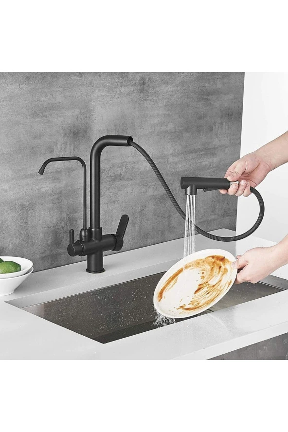 Mutfak Evye Bataryası Dual Flow Su Arıtma Çıkışlı Yeni Tasarım Siyah Fiskiyeli 7 Yıl Garanti Ithal - Resim 4