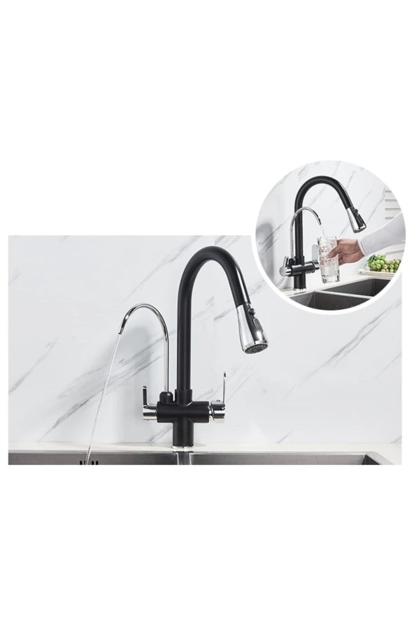 Mutfak Evye Bataryası Dual Flow Su Arıtma Çıkışlı Ithal Siyah Krom 7 Yıl Garantili - Resim 2