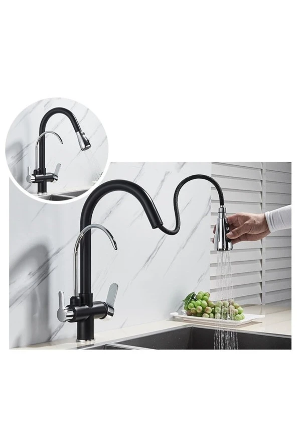 Mutfak Evye Bataryası Dual Flow Su Arıtma Çıkışlı Ithal Siyah Krom 7 Yıl Garantili - Resim 6