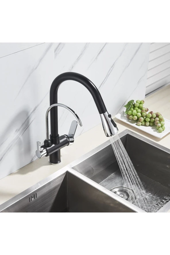 Mutfak Evye Bataryası Dual Flow Su Arıtma Çıkışlı Ithal Siyah Krom 7 Yıl Garantili - Resim 3