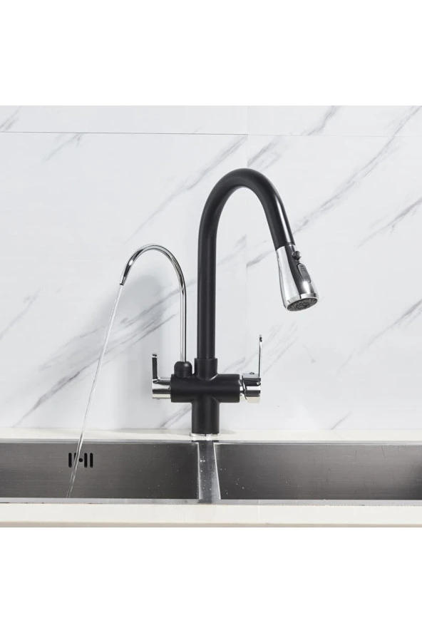 Mutfak Evye Bataryası Dual Flow Su Arıtma Çıkışlı Ithal Siyah Krom 7 Yıl Garantili - Resim 4