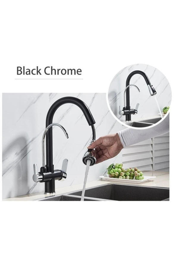 Mutfak Evye Bataryası Dual Flow Su Arıtma Çıkışlı Ithal Siyah Krom 7 Yıl Garantili - Resim 5