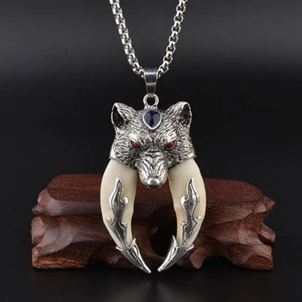 Doğal Tibet 6,5cm Kurt Çift Dişli Kolye Beyaz Diş Kırmızı Göz - 3