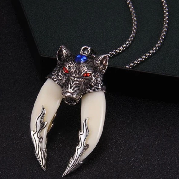 Doğal Tibet 6,5cm Kurt Çift Dişli Kolye Beyaz Diş Kırmızı Göz - 4