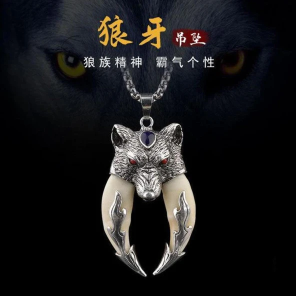 Doğal Tibet 6,5cm Kurt Çift Dişli Kolye Beyaz Diş Kırmızı Göz - 5