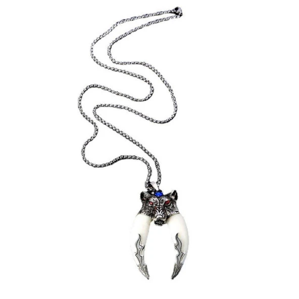 Doğal Tibet 6,5cm Kurt Çift Dişli Kolye Beyaz Diş Kırmızı Göz - 8