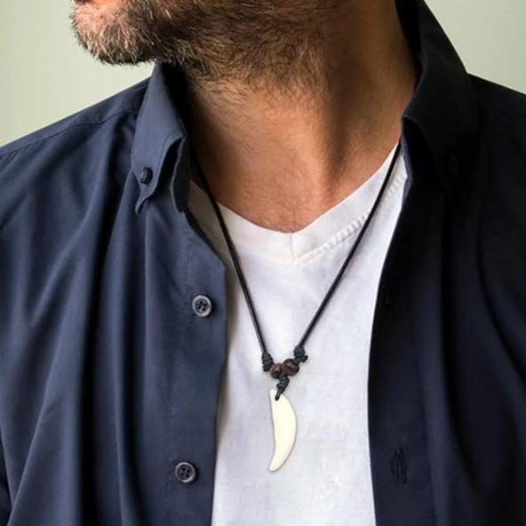 Doğal Tibet 3-4cm Kurt Dişi Kolye Beyaz Ayarlı İp Çift Boncuklu - 12