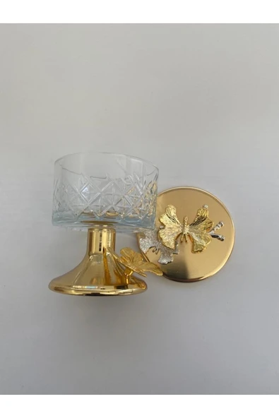 Ayaklı Gold Timeless Cam Magnolia Kasesi, Kelebek Kapaklı Dondurmalık, Şekerlik, Çerezlik - 3
