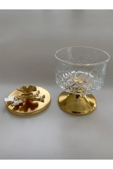 Ayaklı Gold Timeless Cam Magnolia Kasesi, Kelebek Kapaklı Dondurmalık, Şekerlik, Çerezlik - 2