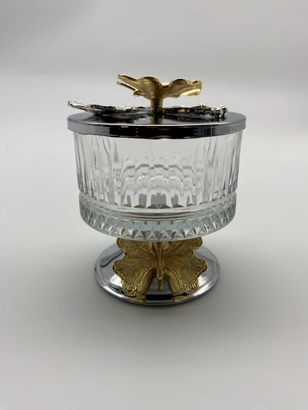 Ayaklı Gümüş Elysia Cam Magnolia Kasesi, Kelebek Kapaklı Dondurmalık, Şekerlik, Çerezlik