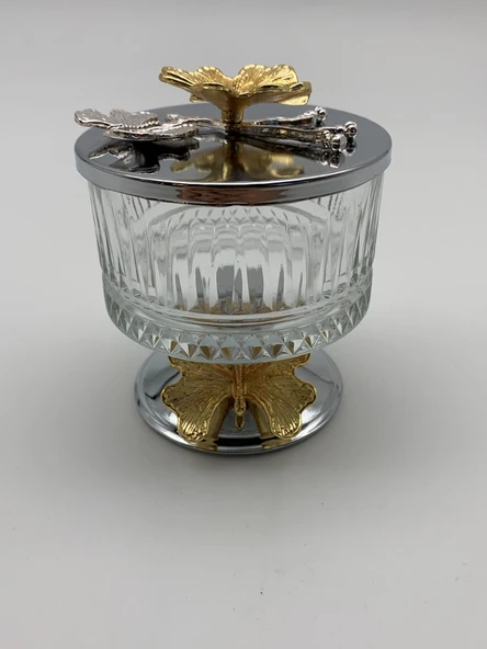 Ayaklı Gümüş Elysia Cam Magnolia Kasesi, Kelebek Kapaklı Dondurmalık, Şekerlik, Çerezlik - 2