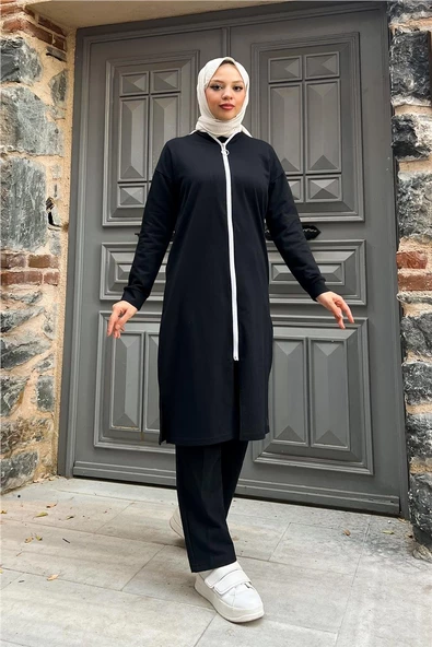 Bisiklet Yaka Fermuarlı Uzun Tunik Sade Basic Spor Takımı - 03044.003 - Siyah ürün görseli