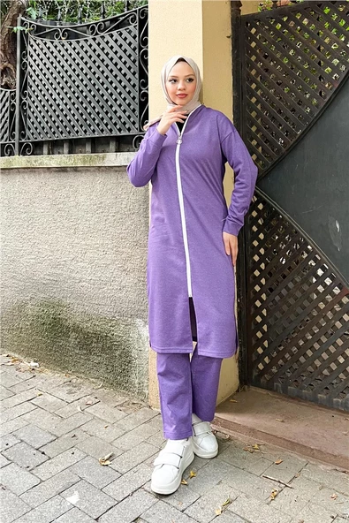 Bisiklet Yaka Fermuarlı Uzun Tunik Sade Basic Spor Takımı - 03044.207 - Koyu Lila