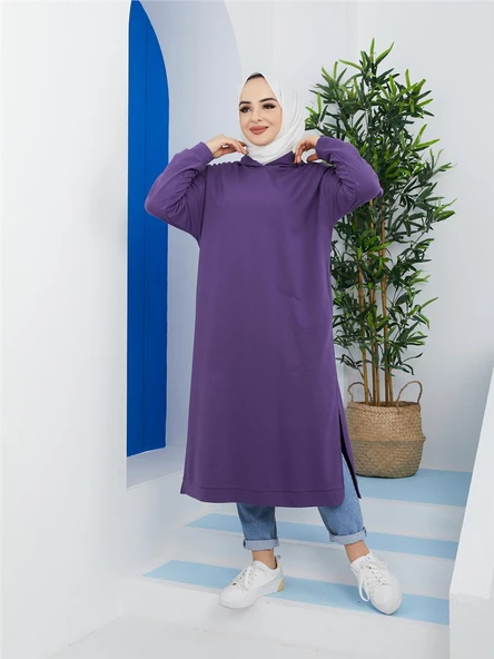 Atlas Kapşonlu Uzun Sade Basic Sweatshirt - 03007.013 - Mor