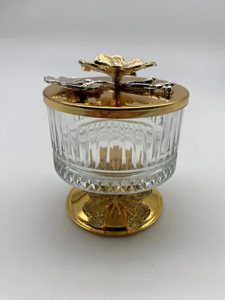 Ayaklı Gold Elysia Cam Magnolia Kasesi, Kelebek Kapaklı Dondurmalık, Şekerlik, Çerezlik - 3
