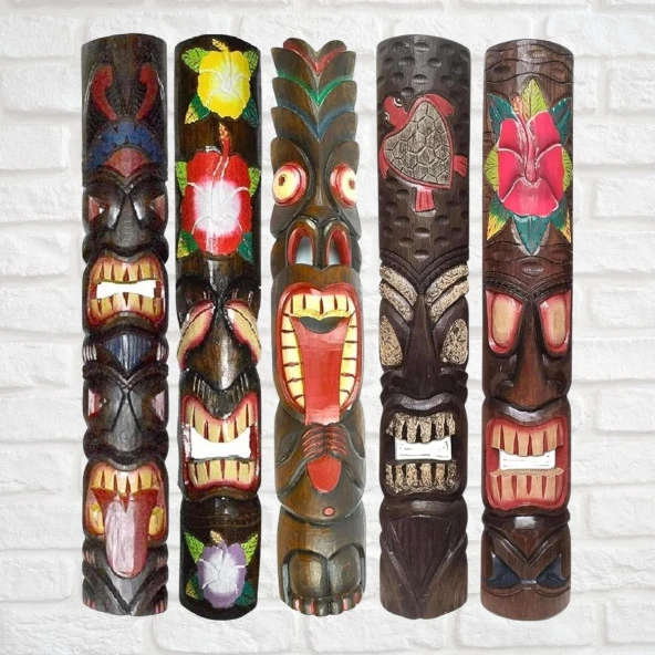 Ahşap Tiki Renkli Mask Duvar Dekoru Maske 100 cm - Resim 5