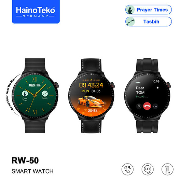 HainoTeko RW-50 3 Kordonlu Android İos uyumlu Amoled Ekran Namaz Hatırlatıcı tesbih Akıllı Saat Siyah