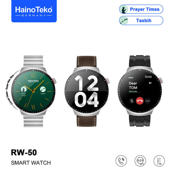 HainoTeko RW-50 3 Kordonlu Android İos uyumlu Amoled Ekran Namaz Hatırlatıcı tesbih Akıllı Saat Gümüş