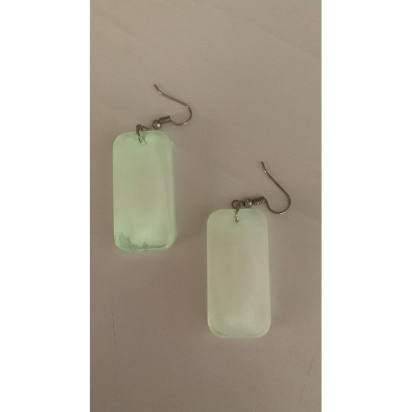 Dikdörtgen Şekilli Beyaz Renkli Ebruli Gece Yeşil Neon Olan Parlak Küpe Epoksi El Yapımı Hediyelik - Resim 2