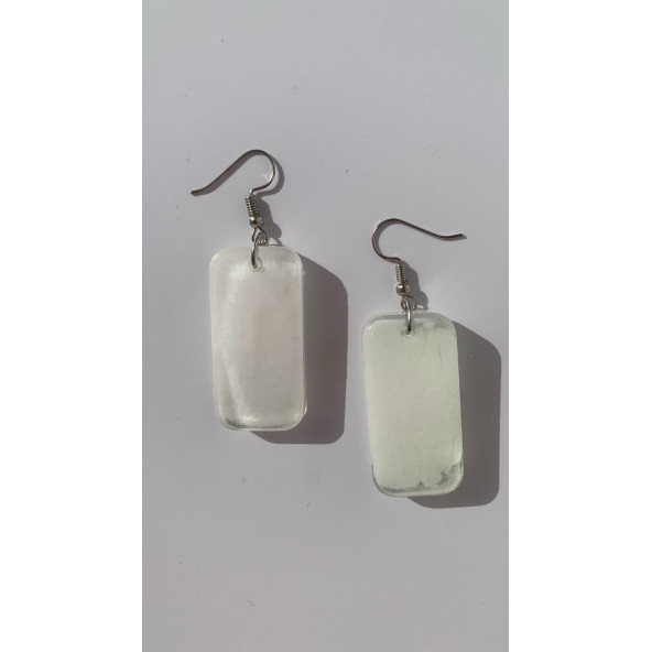 Dikdörtgen Şekilli Beyaz Renkli Ebruli Gece Yeşil Neon Olan Parlak Küpe Epoksi El Yapımı Hediyelik - Resim 5