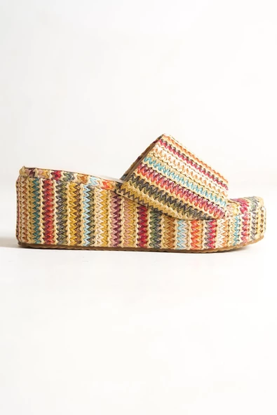 Çok Renkli Hasır Dolgu Topuklu Kadın Terlik - Queen - 2