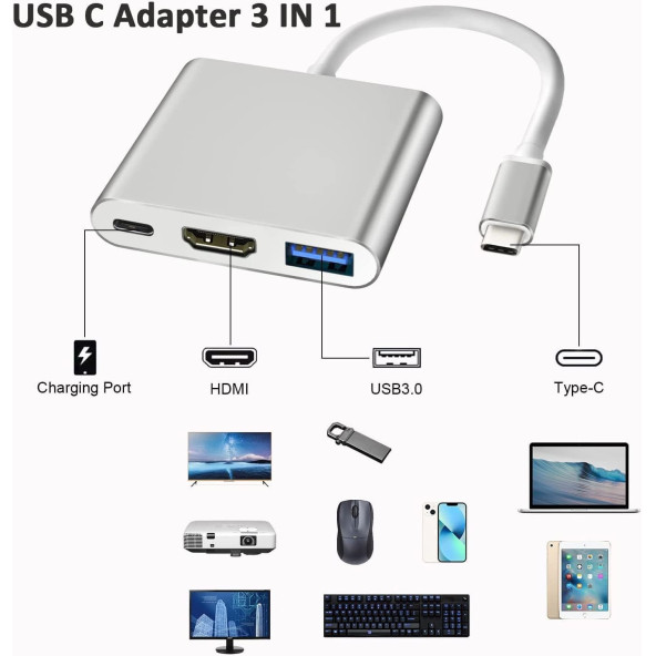 3in1 Type-C, USB-C, ThunderBolt3 Çevirici Çoklayıcı Adaptör HUB. HDMI Ses Görüntü + USB 3 OTG + Şarj  2.EL ÜRÜN - 2