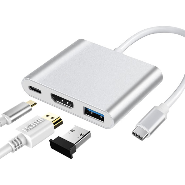 3in1 Type-C, USB-C, ThunderBolt3 Çevirici Çoklayıcı Adaptör HUB. HDMI Ses Görüntü + USB 3 OTG + Şarj  2.EL ÜRÜN - 3