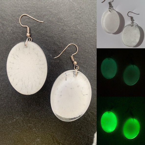 Geniş Oval Şekilli Beyaz Renkli Ebruli Gece Yeşil Neon Olan Parlak Küpe Epoksi El Yapımı Hediyelik - Resim 8