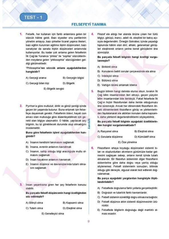 TYT Felsefe Soru Bankası Karekök Yayınları - Resim 2
